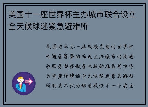 美国十一座世界杯主办城市联合设立全天候球迷紧急避难所 美国十一座世界杯主办城市联合设立全天候球迷紧急避难所